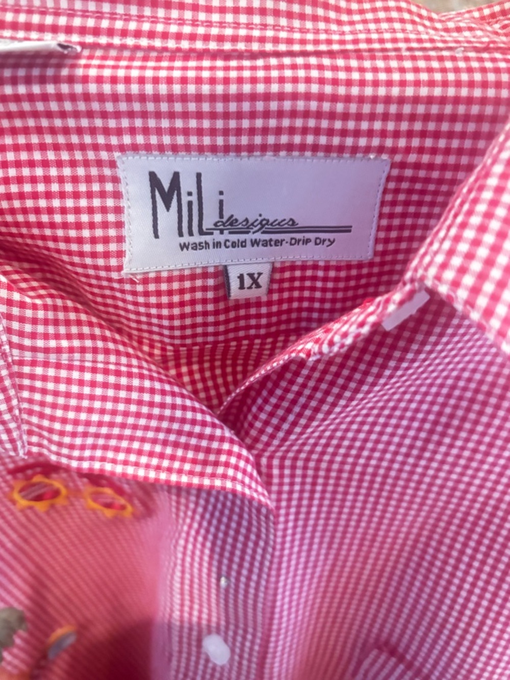 Coastal Beach Embroidered Gingham Button Down Shirt 1X Vacation Vibes - Picture 8 of 8